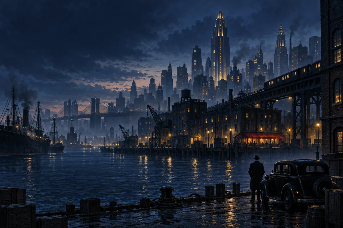 An illustrated city waterfront with warehouses, boats and lit streets at night